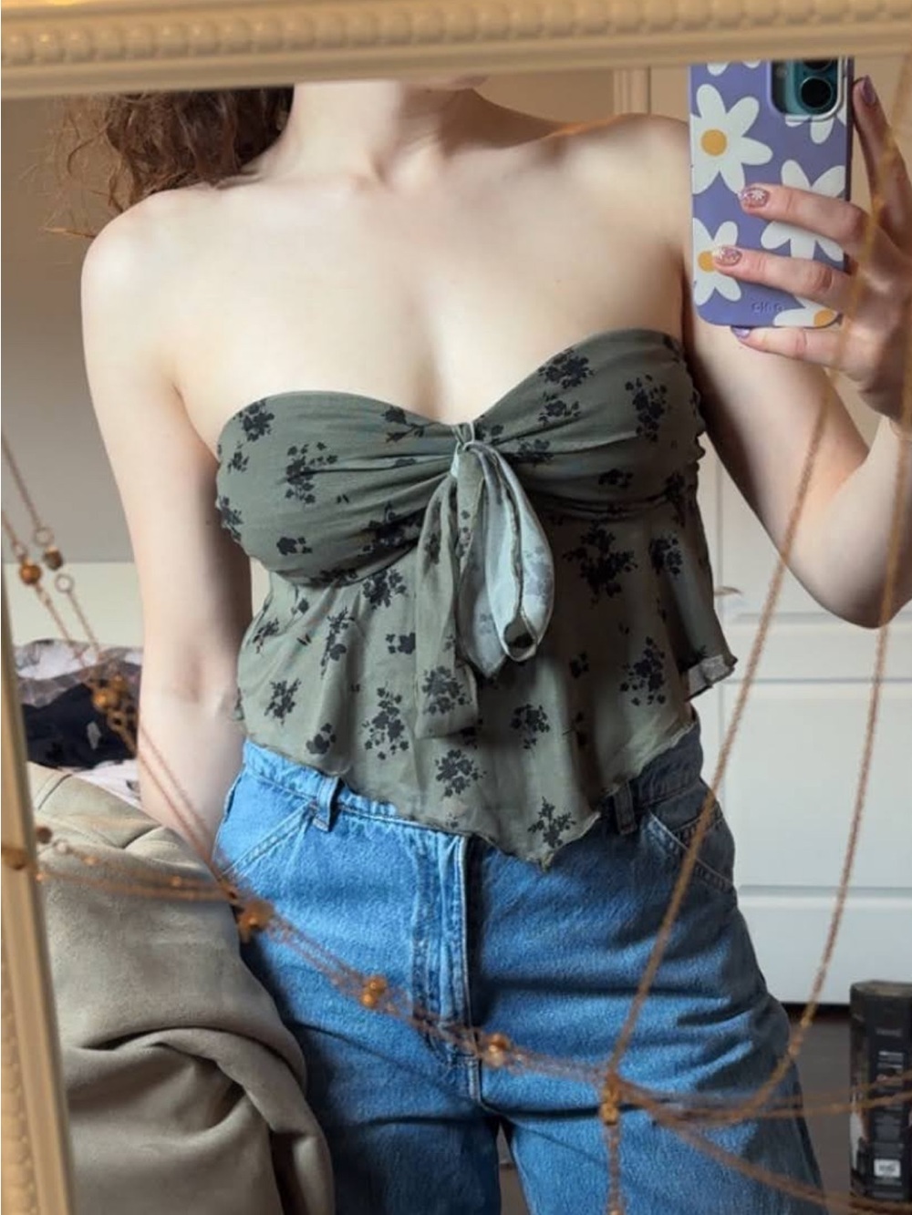 Cider Olive Green Floral Strapless Tie-Front Camisole